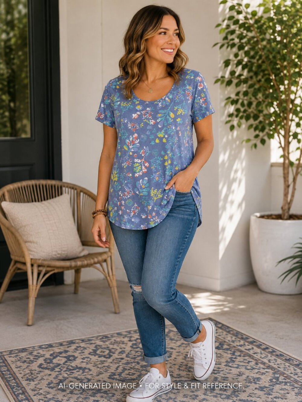 LuLaRoe Classic T Blue Botanical Floral Print Short Sleeve Top